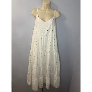 Self Contrast Tiered Midi Dress White Polka Dot Cotton Beach Vacation Sz L